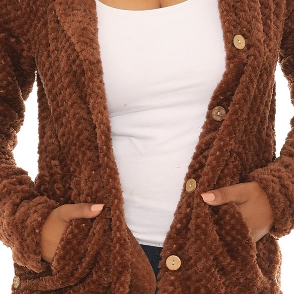 Textured Plush Button-Up Hoodie With Pocket - Picture 5 of 5